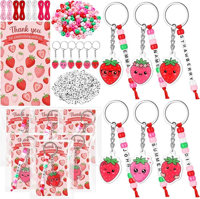 Suncalla 996 Pcs 24 Set Strawberry Keychain Making Kit DIY Summer Key Chain Crafts Bead Adjustable Letter Beads Cards Strings Kit Gift Backpack Accessories First Birthday Party Favors