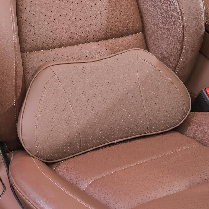 Car Lumbar Support Pillow for Driving Seat, Brown, 1 Pack | Leather Memory Foam Lumbar Cushion for Lower Back Pain Relief, Universal Back Support for Driving, Home & Office Chairs