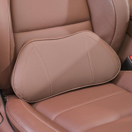 Car Lumbar Support Pillow for Driving Seat, Brown, 1 Pack | Leather Memory Foam Lumbar Cushion for Lower Back Pain Relief, Universal Back Support for Driving, Home & Office Chairs