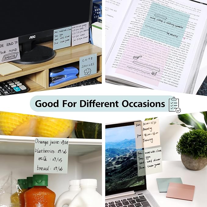 Transparent Sticky Notes - Pastel Color Clear Sticky Notes, 3x3 inch, Waterproof, 300 Sheets for College, School & Office