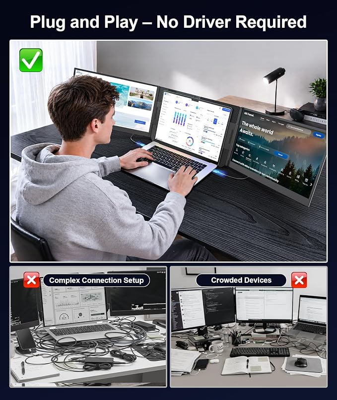 15.6" Laptop Screen Extender, FHD 1080P Triple Portable Monitor for Laptops, Ultra-Slim Travel Monitor for 13.3"–17.3" Laptops, USB-C & HDMI Plug & Play, Compatible with Windows/Mac/Android