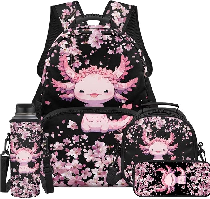Ystardream Funny Axolotl Backpack and Lunch Box Set for Girls School Bag Lightweight Middle Primary School Bookbag Trendy Cherry Blossom Backpack with Lunch Box Pencil Case Water Bottle Sleeve,4 Pcs