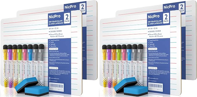 Nicpro Dry Erase Lap Board 9 x 12 inches 4 Pack Ruled Kid Double Sided Blank & Lined Small Lapboard with 8 Pens, 2 Eraser, Learning Mini Whiteboard Portable for Student and Classroom Use