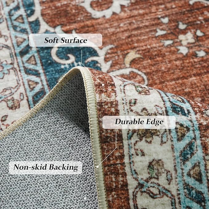 3x8 Washable Hallway Runner Rug:Oriental Indoor Kitchen Rugs Vintage Door Mat Non Slip with Rubber Backing Low Pile Thin Carpet for Bedroom Bathroom Living Room Bedside (3x8 Brick/Blue)