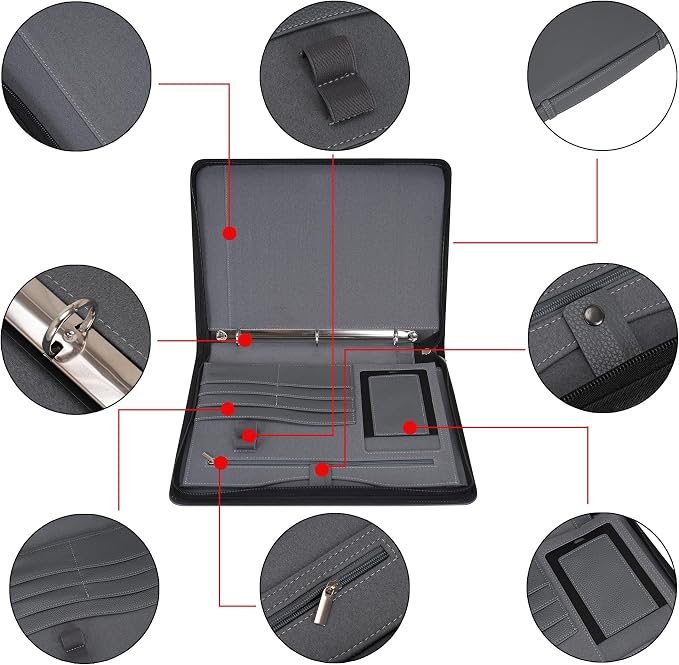 Wonderpool Travel Zippered Portfolio 3 Ring Binder A4 Padfolio Document Case with Removable Clipboard Legal Pad Holder, Business Office School Organizer for Men and Women (Black)