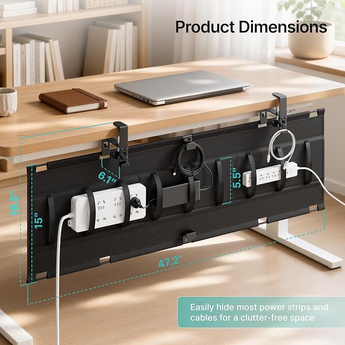 No Drill Under Desk Cable Management Tray, 47.2" Fabric Organizer | Clamp/Screw Premium Mount Cord Holder, for Power Strips, Adapters, with 2 Hooks & 1 Tie Roll for Home Office Gaming, Black