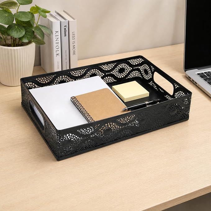 Desk Drawer Organizer, A4 Large Metal Mesh Desk Rrganizer Tray, Versatile Storage Box Set for Office Home Supplies,Carved Hollow Floral Desk Tray, 13 x 9 inches (2, Curved)