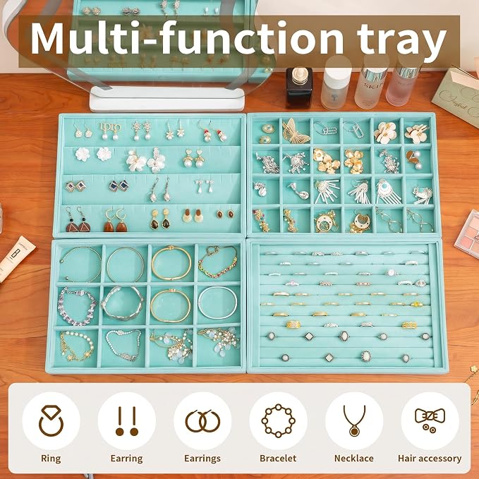 Jewelry Trays for Drawer,Set of 4 Jewelry Organizer and Storage | Velvet Material,Stackable,Adjustable Dividers,Drawer Inserts for Rings Studs Bracelet,Earring Organizer for Women Girls