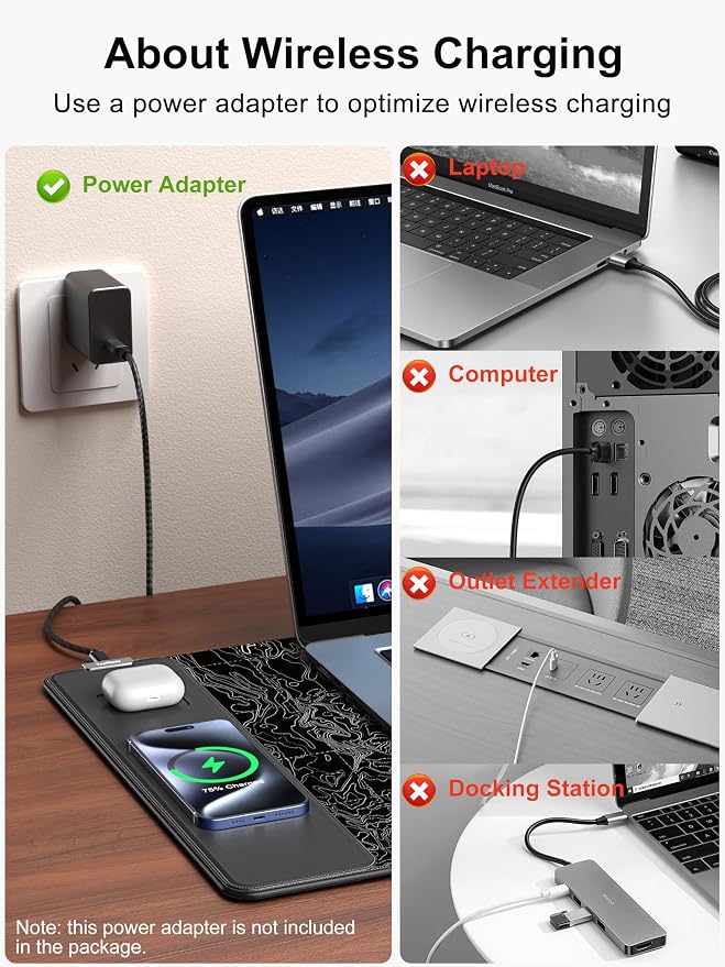 TopMade Mouse Pad with 15W Fast Wireless Charging, 31.5"x15.75" XXL Large Gaming Waterproof Desk Pad with Ultra-Smooth Surface, Non-Slip Base, Computer Desk Mat, Black Topographic Map #3