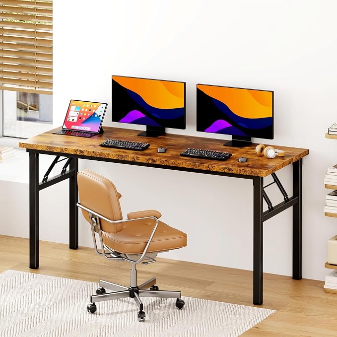 sogesfurniture Foldable Computer Desk 62 inches, Retro Large Folding Sturdy Laptop Workstation Table for Home Office, No Assembly Portable Study Writing Gaming Desk for Small Spaces, Rustic Brown