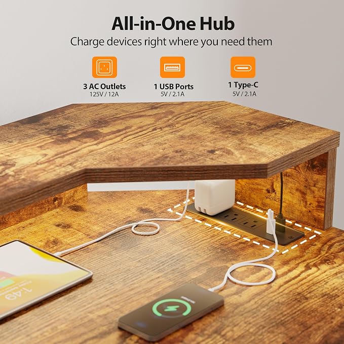 Agilestic 63 Inch L Shaped Electric Standing Desk with Shelf, Height Adjustable Large Desk with Power Outlets & LED, Corner Sit Stand Up Table with Monitor Stand, Computer Workstation, Rustic Brown