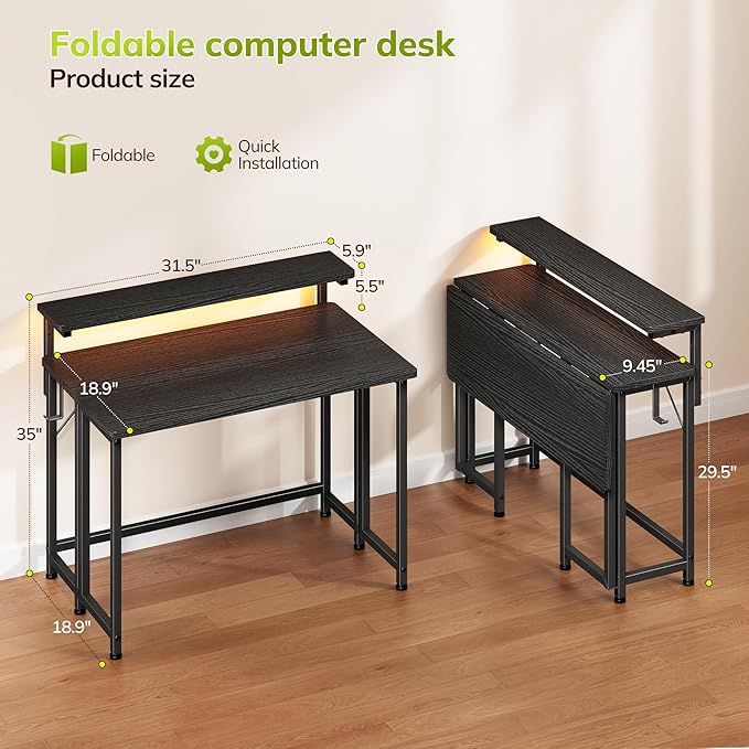 Folding Desk for Small Space,Foldable Computer Desk with Monitor Stand,31.5 Inch Small Desk with LED Lights for Bedroom Home Office,Writing Work Office Computer Desk with Hooks,Black