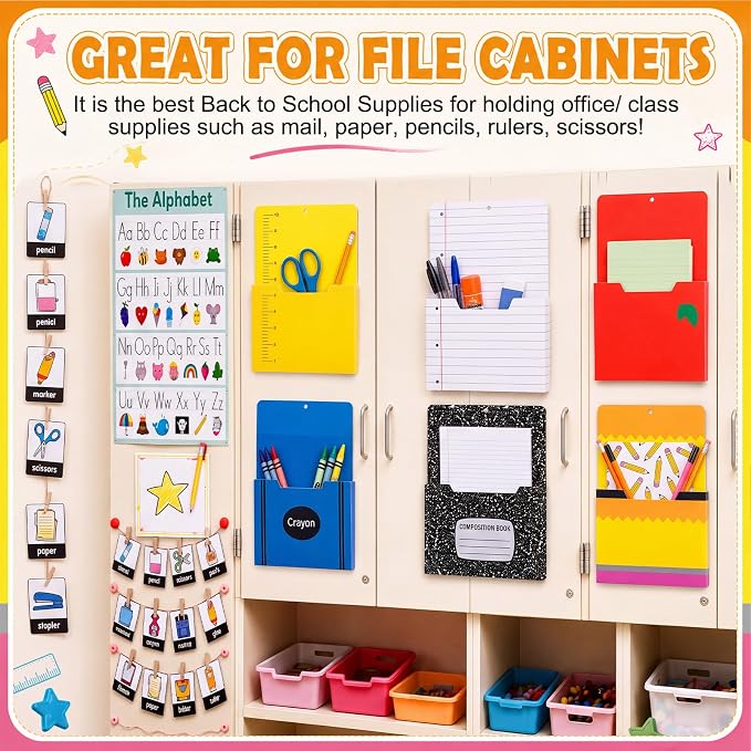 Gilprop 6 Pcs Assorted School Style Magnetic File Folder Holder Pocket File Organizer Classroom Decor Teacher Desk Accessories for Whiteboard Mail Paper Book No Drilling Desk Door Classroom Essential