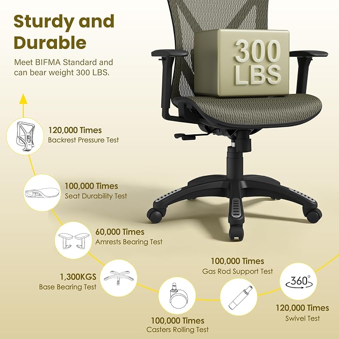 Ergonomic Office Chair, Mesh Computer Desk Chairs with Adjustable Lumbar Support, 3D Armrests, Tilt Function, Comfy Wide Seat, Swivel Executive Work Task Chair for Company and Home
