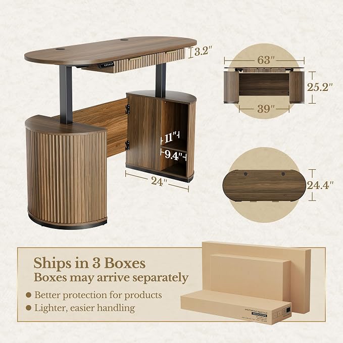 Electric Standing Desk with Storage Drawers, 63'' Executive Height Adjustable Desk with Privacy Panel and Shelves, Wood Fluted Computer Desk for Home Office, Black Walnut