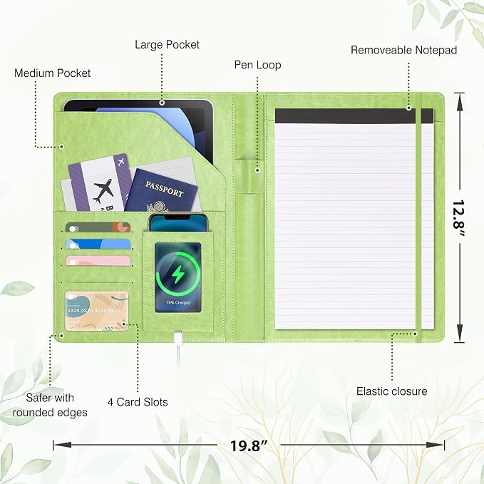 Ospelelf Foldable Faux Leather Clipboard Folio with Notepad 8.5 x 11,Green Business Padfolio for Women Portfolio Organizer, Leaf