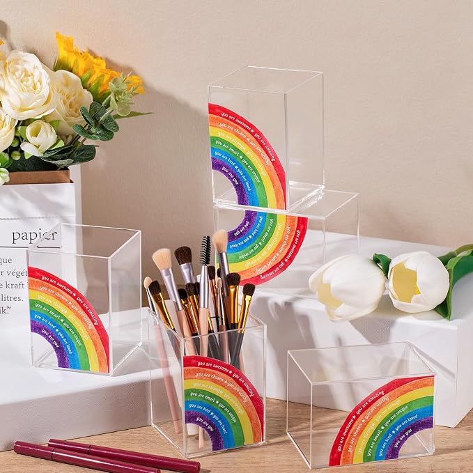 Sherr 10 Pcs Acrylic Pen Holders Teacher Appreciation Gifts Rainbow Pencil Storage Cups Inspirational Desk Organizers Stationery Pots Bulk for School Classroom Office Supplies