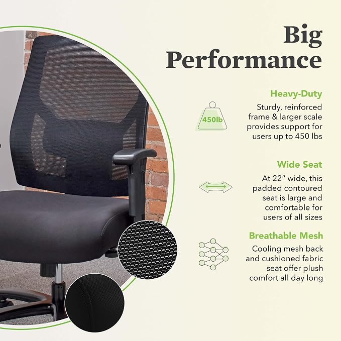 HON Crio Big and Tall Ergonomic Mesh Office Chair, Extra‑Wide High‑Back Desk Chair with Adjustable Arms, Lumbar Support, Heavy‑Duty Tilt Recline, Swivel Wheels, Black Frame, Black