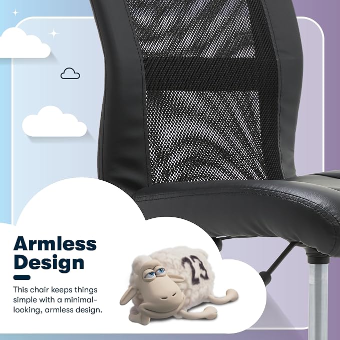Serta Armless Small Home Desk Chair with Wheels, Ergonomic Mesh Back Chair | Leather & Foam Cushion Seat, Adjustable Height, Small Vanity Chair for Bedroom & Small Spaces, Home Office Desk Chair, Black