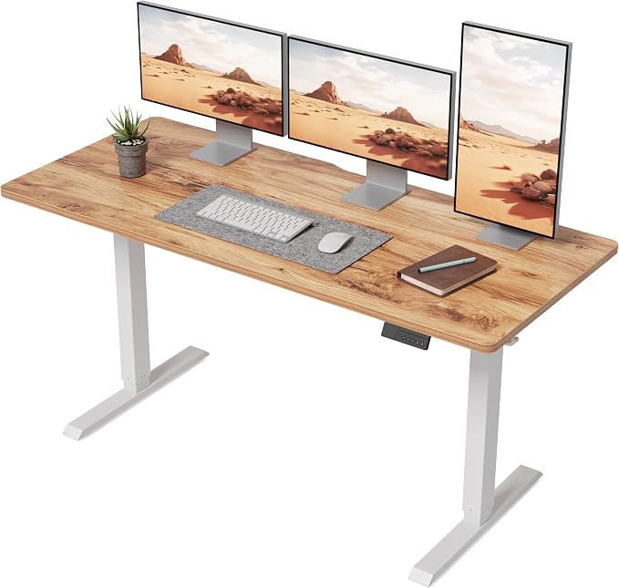 DESINO Standing Desk, 63 × 28 Inches Electric Height Adjustable, Sit and Stand Up, Computer Office Desk with Splice Board, White Frame/Light Rustic TOP