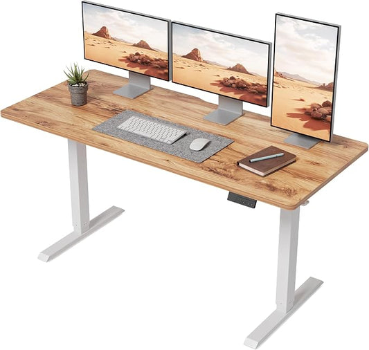DESINO Standing Desk, 63 × 28 Inches Electric Height Adjustable, Sit and Stand Up, Computer Office Desk with Splice Board, White Frame/Light Rustic TOP