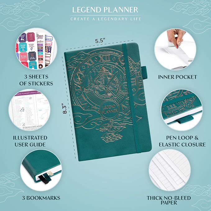 Legend Undated Weekly Planner – Goal Planner Journal & Organizer Notebook – Agenda Book with Monthly Calendar & To-Do List, A5 (Dark Teal, Gold)