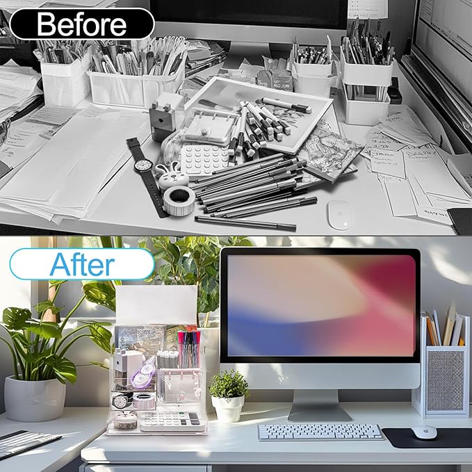 Acrylic Desk Organizer with 2 Drawers, Clear Office Drawer Organizer with Handle, Pencil Pen Holder Storage Desktop Accessories 7 Compartments for Home Makeup Magazine File Art Supply