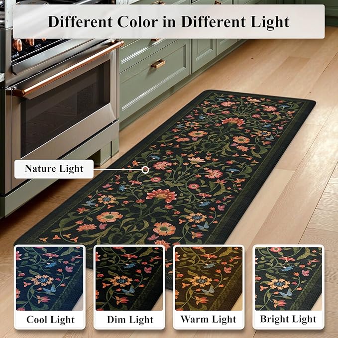 Collive Anti Fatigue Mats for Kitchen Floor, Waterproof Cushioned Kitchen Rugs Sets of 2 Non Skid Padded Sink Rugs, Vintage Floral Comfort Standing Mat for Laundry, Office, 17.3"x29"+17.3"x59", Black