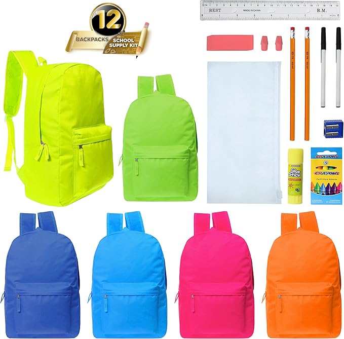 Moda West 17 Inch Bulk Backpacks with School Supplies Kits - Pens, Pencils, Crayons - Case of 12 Wholesale Backpacks Assorted Colors