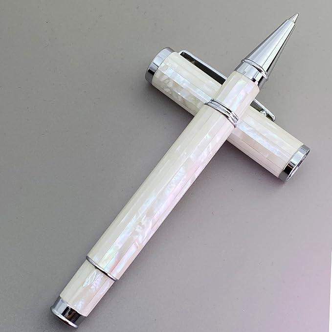 LACHIEVA LUX Elegant Mother of Pearl Rollerball Pen with German Refill, Premium Gift Set for Men, Women & Professionals (Pearl White)