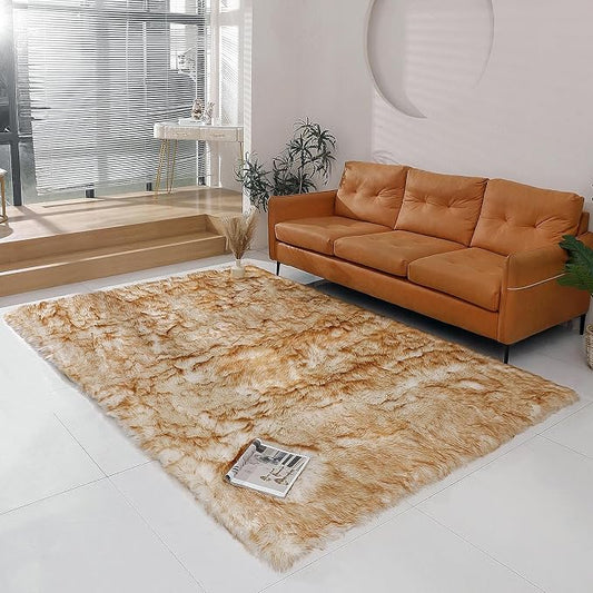 linmopm Faux Fur Sheepskin Rug, 6x9 ft, White and Yellow | Shag Fluffy Fuzzy, Rectangle High-Density Cushion, For Bedroom Bedside Living Room, Plush Carpet, Sofa Cover