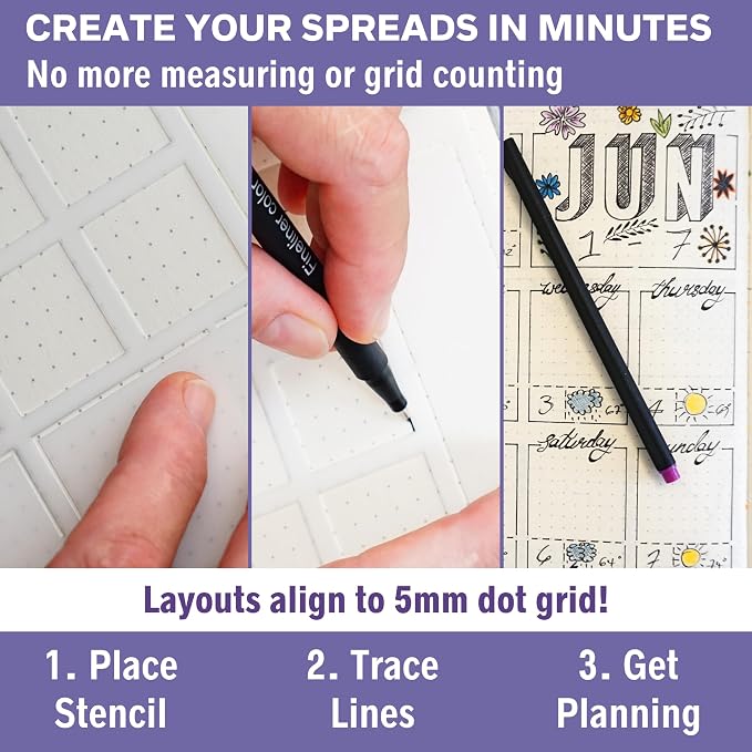 Speedy Spreads Journal Stencils (Weekly Layouts #2) - x6 Stencils for A5 Bullet Dot Grid Journal Notebook, Save Time on Full-Page Layouts, DIY Planner Templates for Productivity by Sunny Streak