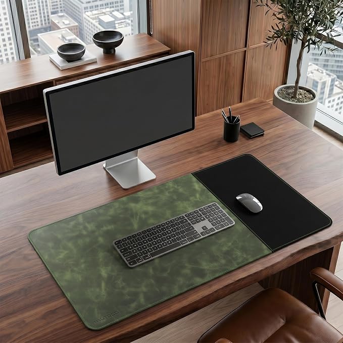 HAUTOCO Cork Desk Mat 31.5"x15.7", Distressed PU Leather & Cloth Desk Pad | Waterproof, Non-Slip, Stitched Edges, Dark Green Large Gaming Mouse Pad, Laptop Blotter & Desk Protector for Office and Home