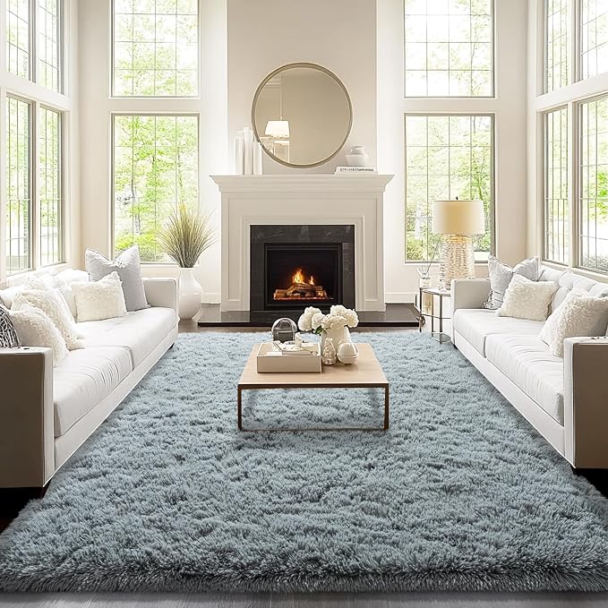 9x12 Area Rugs for Living Room, Grey Fluffy Shaggy Rug Soft Carpets, Big Rugs for Bedroom Nursery Kids Room Dorm Home Decor Aesthetic