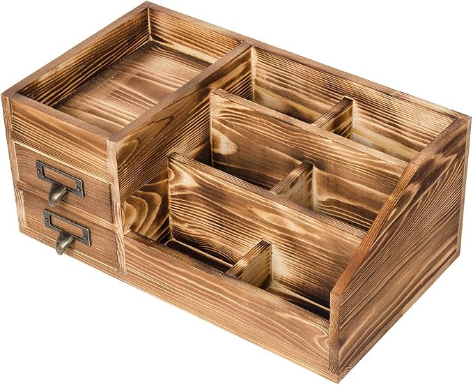 Liry Products Rustic Wooden Desktop Organizer Office Supplies Brown Tabletop Storage Cabinet Stepped Rack Multiple Compartments 2 Tier Drawers Makeup Accessory Jewelry Sorter Display Box Home Office