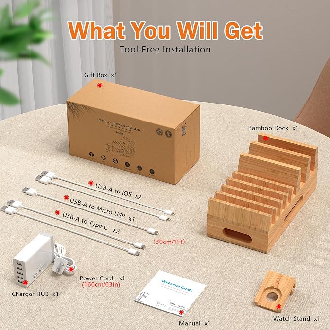 Pezin & Hulin Bamboo Charging Station with 5-Port USB Charger & 5 Cables | 7-Slot Wood Organizer, Magnetic Snap Assembly, Thick Base, Non-Slip Pads, Hidden Cord Box. Ideal for Home Office & Bedside