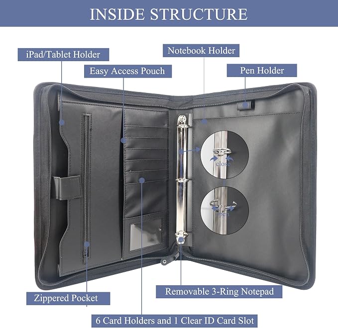 GraduatePro Zippered Portfolio Binder with Handles，Professional Faux Leather Padfolio with 3 Ring Binder (Removable), Storage Pouch for Tablet, Travel Documents for Men and Women.
