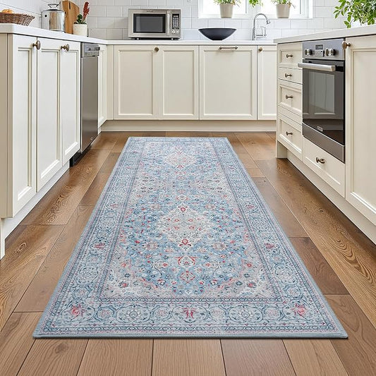 Blue Washable Vintage Runner Rug, 2x6 Boho Bedroom Area Rugs, Soft Non Slip Floral Entryway Carpet Runners, Indoor Low Pile Carpets for Kitchen Hallway Bedside