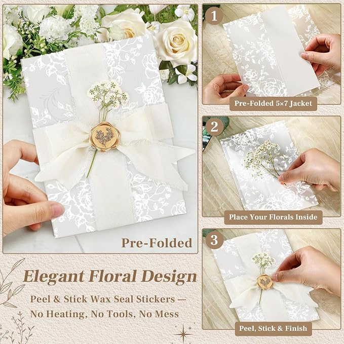 Wedding Invitation Accessories Kit, Pre-Folded Vellum Jackets for 5×7 Invitations with Wax Seal Stickers, Ribbon & Dried Flowers, Elegant Wedding Invitation Accessories for DIY Bridal Invites (White-Rose, 100)