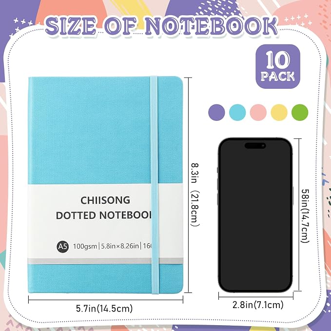 Chiisong 10 Pack Bullet Dotted Journal Notebook Bulk, A5 Dot Grid Notebook with 100 GSM Paper, Leather Hardcover Dotted Journal with 160 Pages for Women Men Writing Journaling Planning, 5.7 x 8.3 Inch