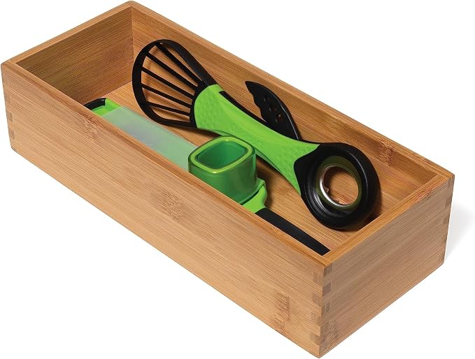 Lipper International Bamboo Wood Utensil Holder Storage Box for Cooking Tools, Makeup, or Office Supplies, 5" x 12" x 3" (Pack of 6)