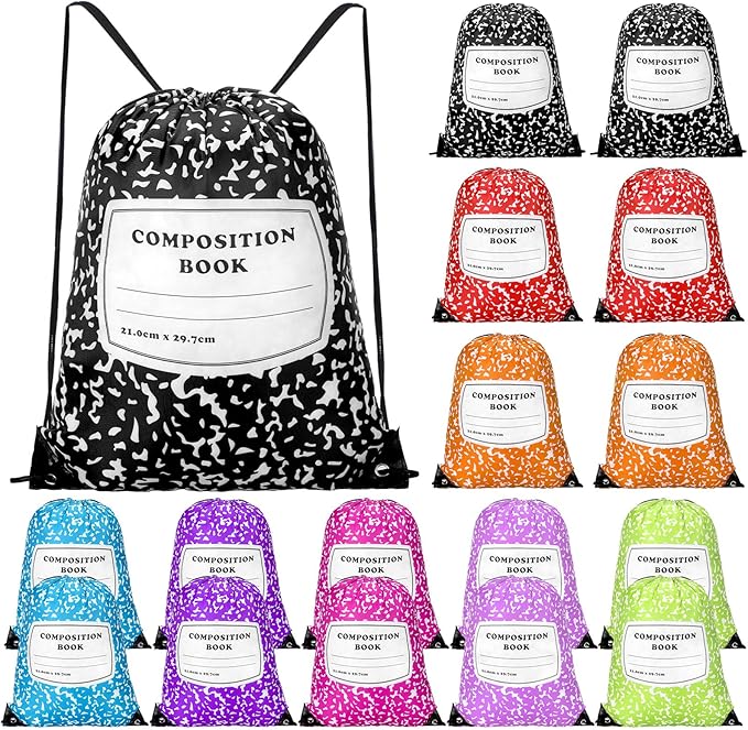 24 Pcs Back to School Composition Book Drawstring Bag Bulk 13"x16" Backpacks Carrying Folder Computer for Writing Teacher (Bright)