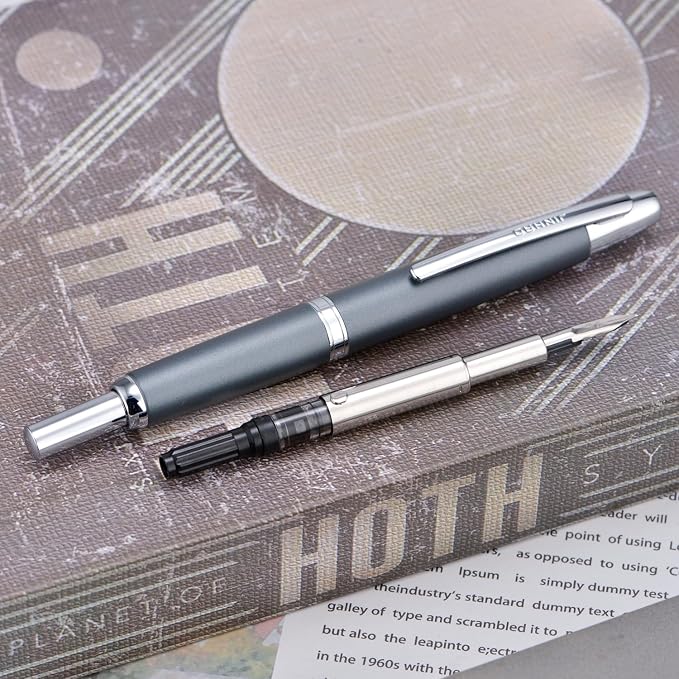 Jinhao 10 Press Fountain Pen with Box, Metal Gray Retractable Fine Nib with Ink Converter Set (Silver Clip)