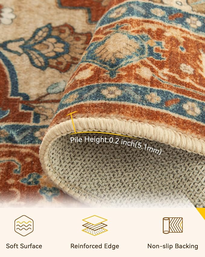 RELEANY Area Rugs Round 4ft Washable Non-Slip, Floral Vintage Distress Medallion Carpet for Living Room Bedroom Dining Room, Red Orange Blue Brown