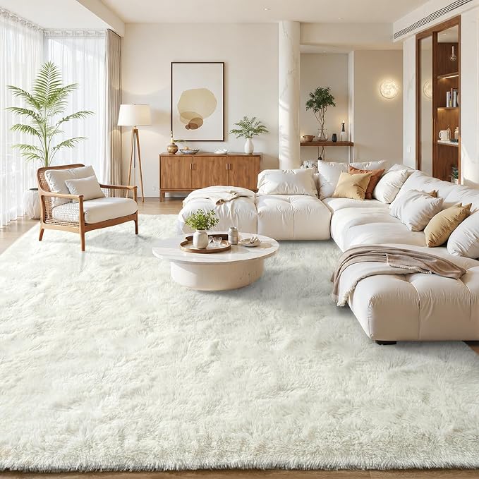 Zentavio White Living Room Rugs 9x12 Large Area Rugs for Bedroom Soft Fluffy Furry Shag Aesthetic Carpet Plush High Pile Floor Rug for Nursery Kids Room Dorm Home Decor