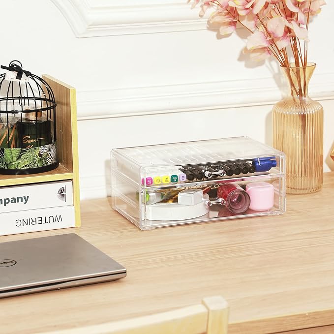 Cq acrylic Clear acrylic organizers Countertop,2 Large Drawers stackable storage bins,clear storage bins for Vanity Jewelry,Hair Accessory,Beauty,Skin Care,Skincare Product stackable storage drawers