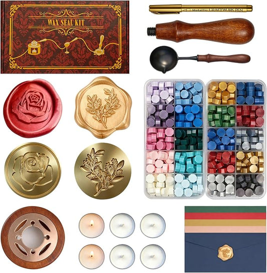 SHOWPIN Wax Seal Kit for Beginners: 400 Wax Beads in 20 Colors, 2 Stamp Heads & Premium Envelopes in Gift Box for Holiday Gifting & DIY Letter Sealing