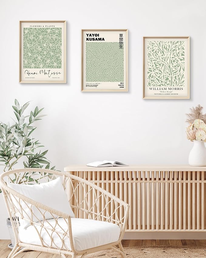 HesenDot Framed Matisse Sage Green Wall Art,William Morris Canvas Wall Decor,16x12IN High Framed Wood Design Prints,Minimalist Classic Decor Aesthetic for Living Room,Bedroom,Bathroom Set of 3