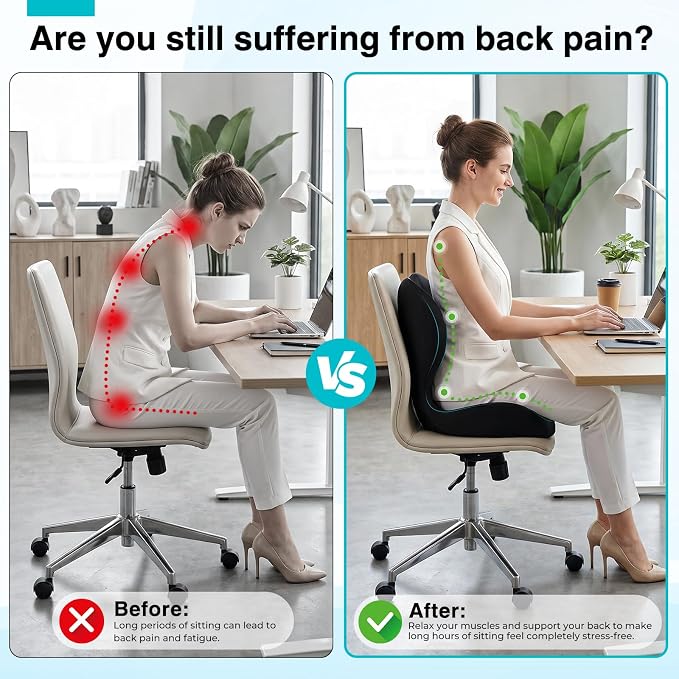 Seat Cushion for Office Chair and Car, L-Shaped Memory Foam Seat Cushion, Ergonomic Sciatica & Tailbone Pain Relief Cushion with Non-Slip Breathable Cover, Back Support for Office Chair-Black