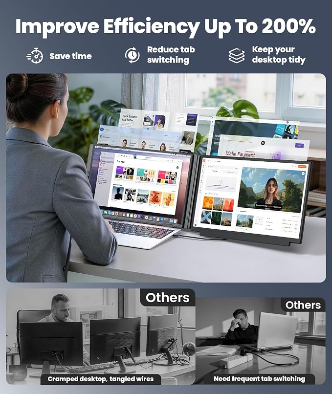 15.6" Detachable Laptop Screen Extender, Ultra-Light Portable Monitor, FHD 1080P Dual Monitor for 14"-17.3" Laptops, Plug & Play Travel Monitor, Compatible with Windows, Mac, ChromeOS, PS5
